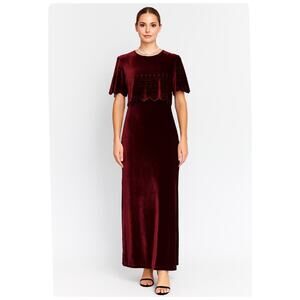 Vintage 90s Burgundy Velvet Column Gown Scallop Eyelet Overlay Maxi Dress Sz 14